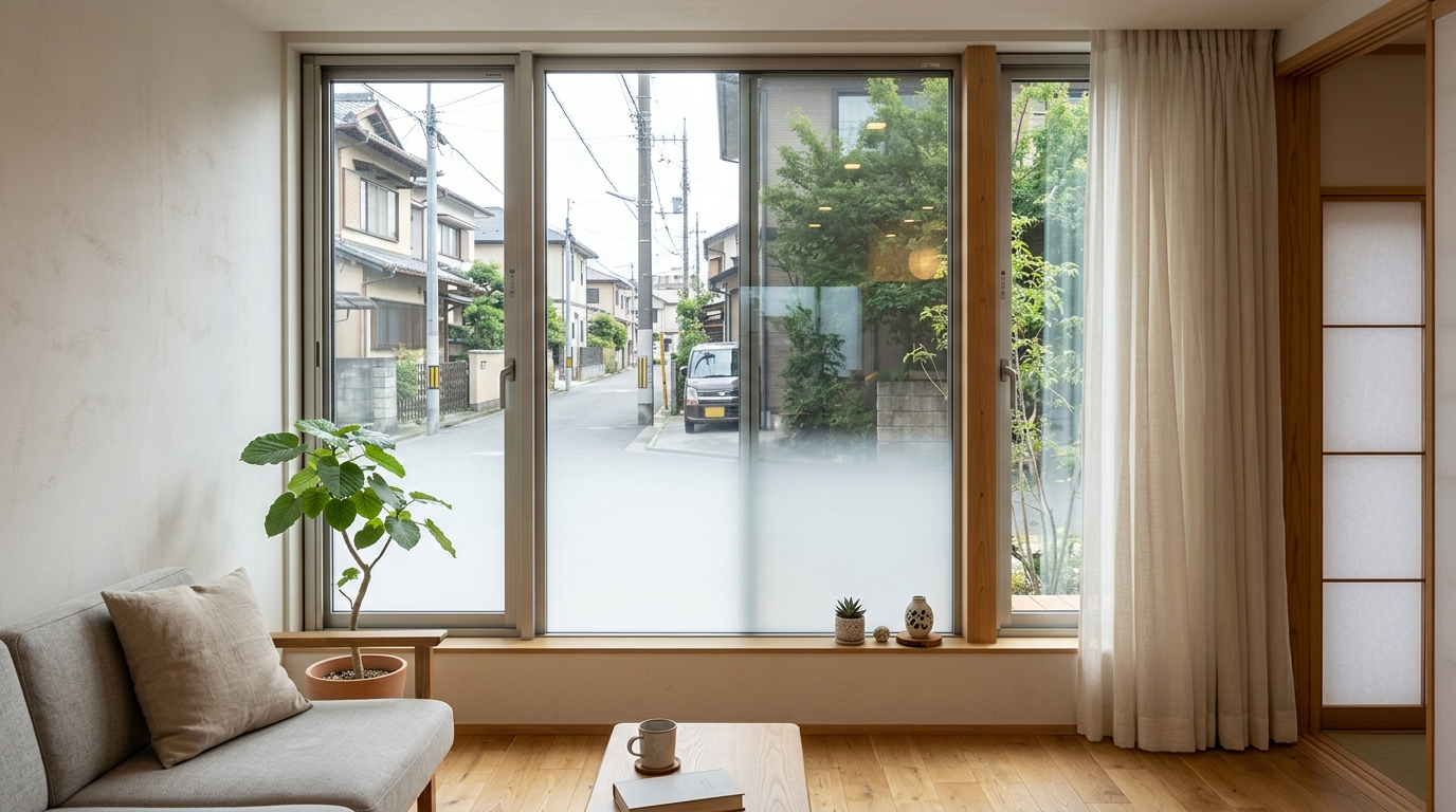 グラデーションフィルム施工　戸建て住宅リビングの目隠し対策