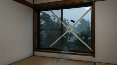 台風時に養生テープを貼った窓ガラスが割れた場合の飛散リスクのイメージ