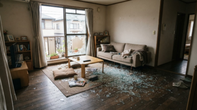 地震でリビングの窓ガラスが割れ避難経路にガラス片が散乱しているイメージ