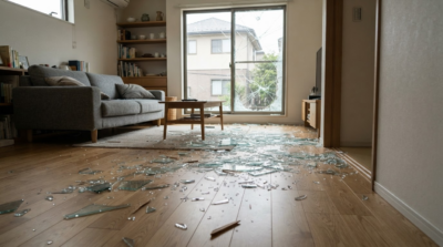 地震で割れた窓ガラスの破片が床に飛び散り避難しにくい室内のイメージ