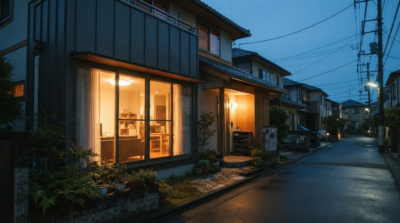 夕方に室内照明がついた住宅の窓と外からの見え方が気になるイメージ