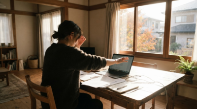 西向きの窓から低い日差しが差し込むリビングの様子
