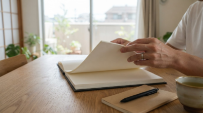 管理規約の書類を確認している様子