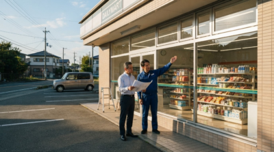 店舗改装前に窓の日差し対策を検討するコンビニエンスストア風店舗