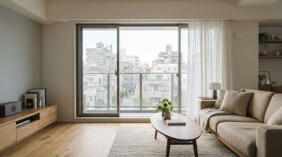 マンションのリビングにある大きな掃き出し窓
